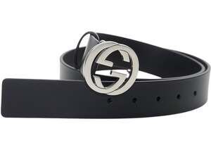 GUCCI Interlocking GG Buckle Leather Silver Black Sz 100/40 $595
